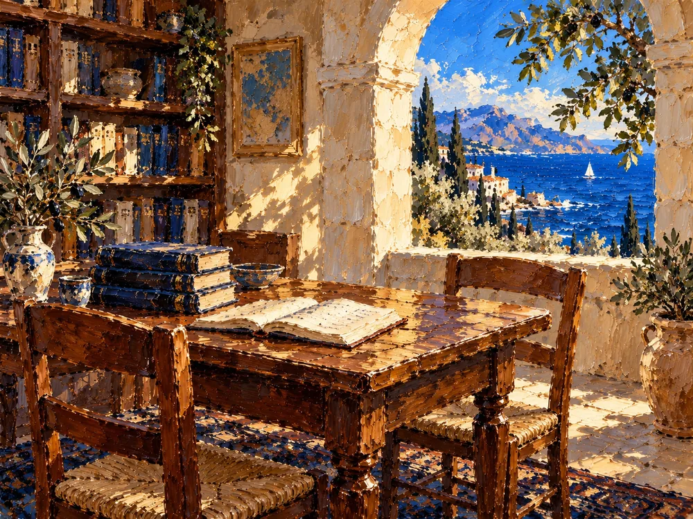 An oil painting of a study table, books and two chairs beside a sunlit window