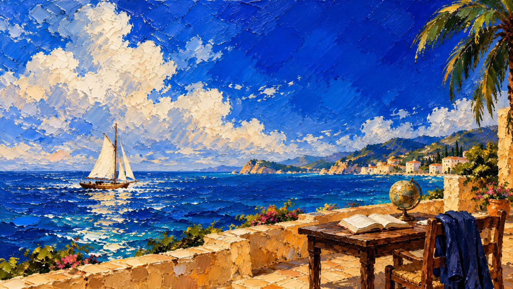 An oil painting of a blue sea, a sailing boat and a reading desk facing the horizon