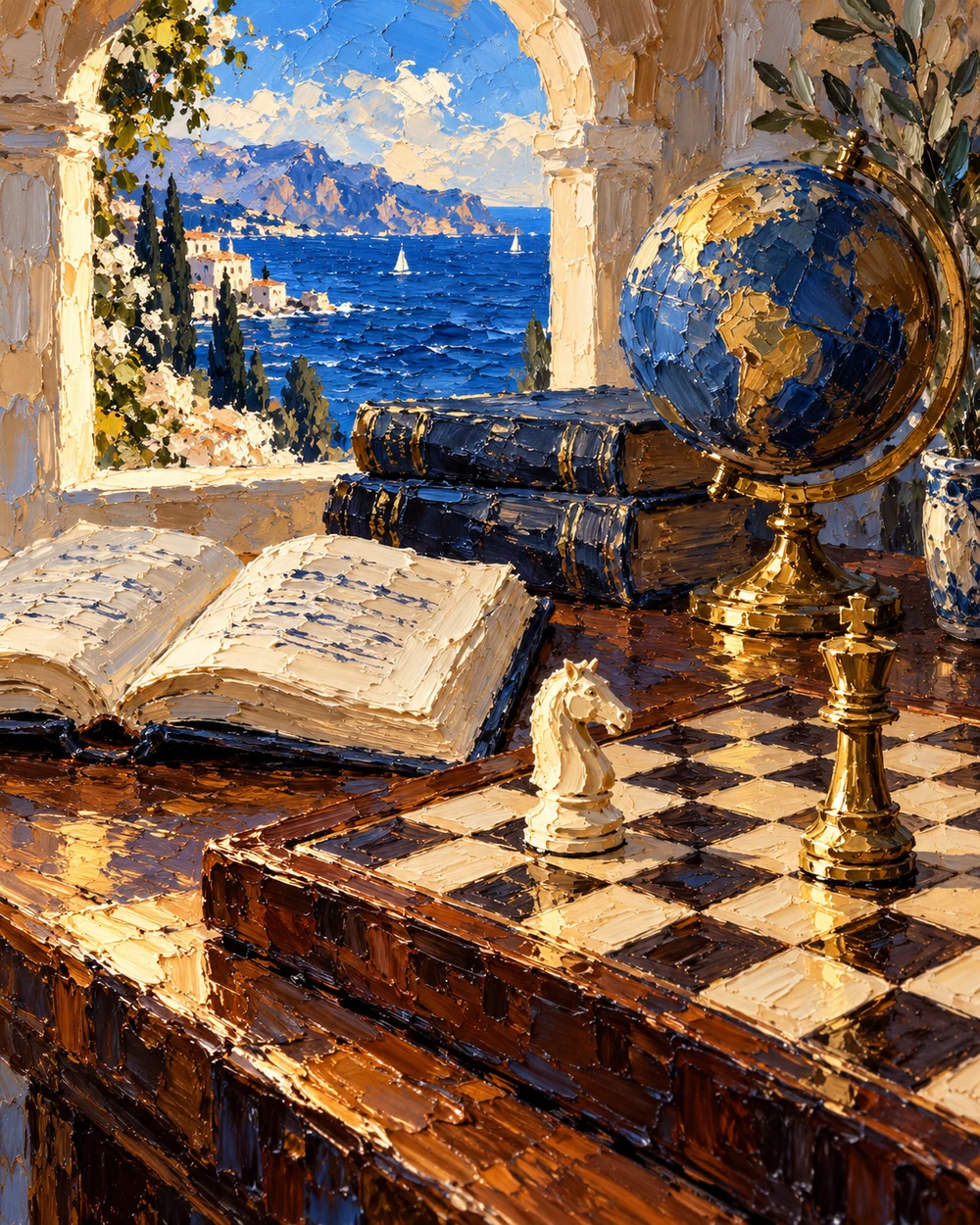 An oil painting of a chessboard, books and a globe beside a sunlit window